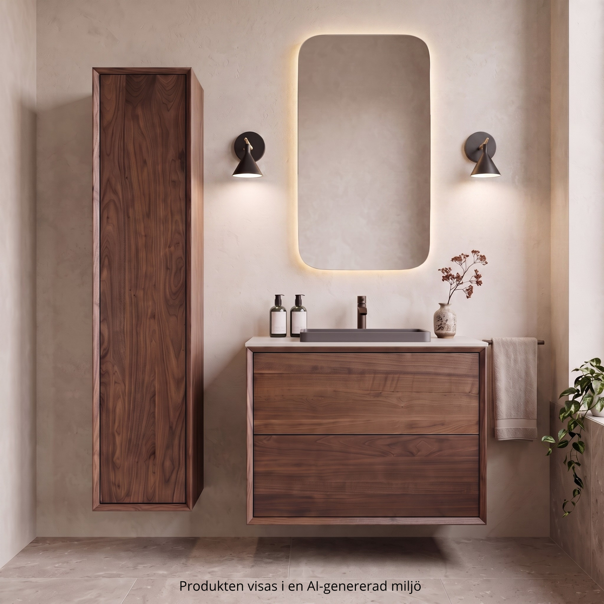 Washbasin cabinet 80 cm in solid walnut - Without washbasin