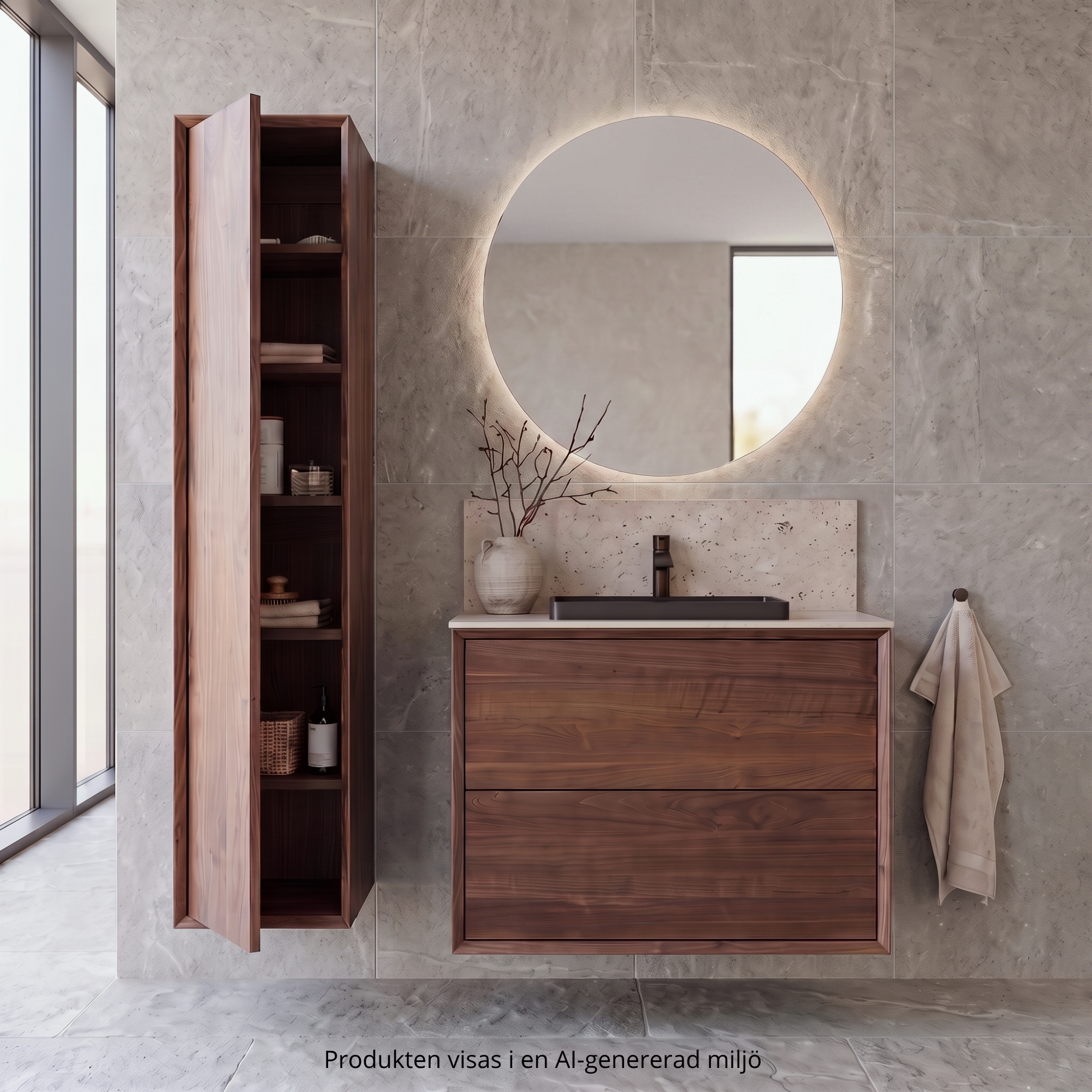 Washbasin cabinet 80 cm in solid walnut - Without washbasin